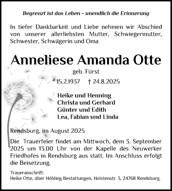 Traueranzeige von Anneliese Amanda Otte von Schleswig-Holsteinische Landeszeitung