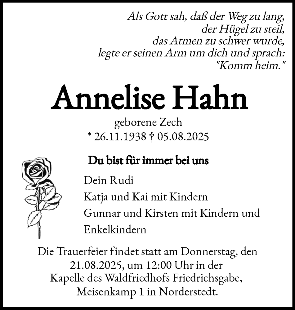  Traueranzeige für Annelise Hahn vom 16.08.2025 aus Husumer Nachrichten, Nordfriesland Tageblatt