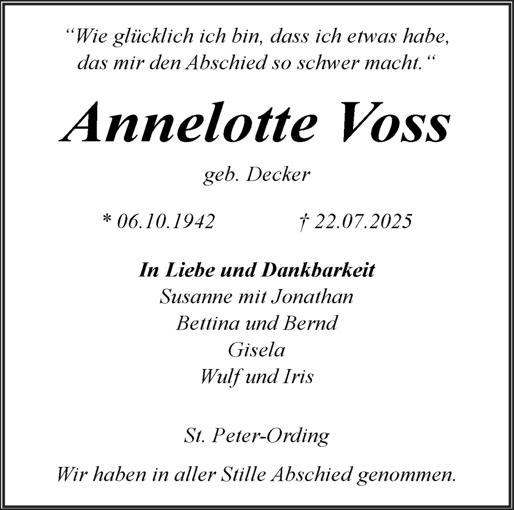  Traueranzeige für Annelotte Voss vom 02.08.2025 aus Husumer Nachrichten, Nordfriesland Tageblatt