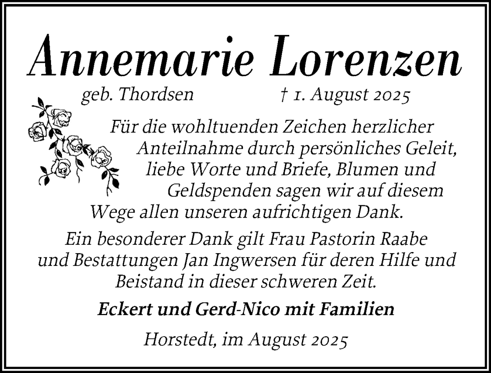  Traueranzeige für Annemarie Lorenzen vom 30.08.2025 aus Region Flensburg