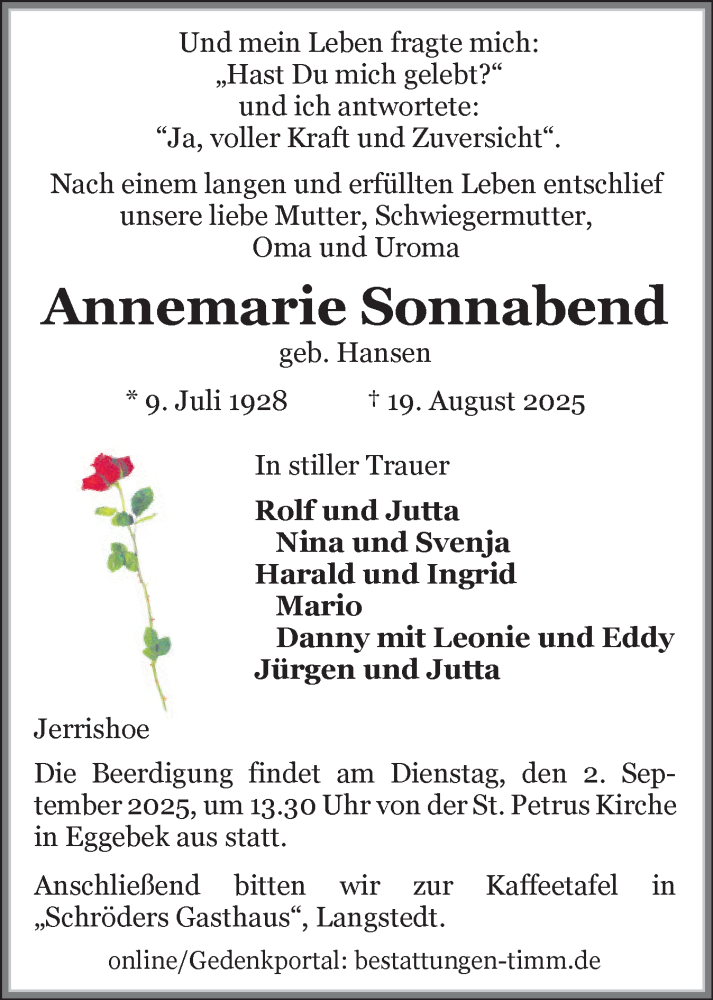  Traueranzeige für Annemarie Sonnabend vom 23.08.2025 aus Flensburger Tageblatt