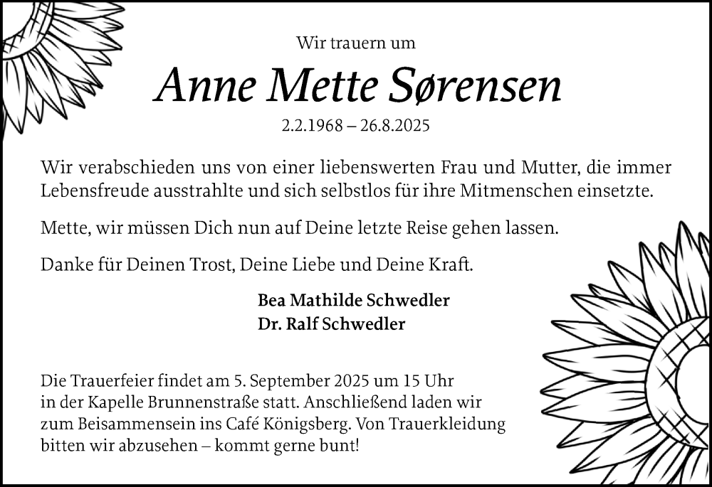  Traueranzeige für Anne Mette Sørensen vom 30.08.2025 aus Norddeutsche Rundschau, Wilstersche Zeitung, Glückstädter Fortuna