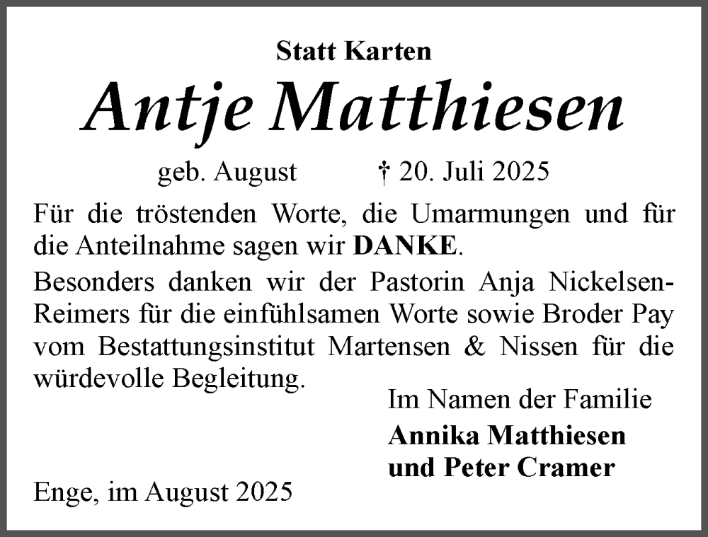  Traueranzeige für Antje Matthiesen vom 30.08.2025 aus Husumer Nachrichten, Nordfriesland Tageblatt