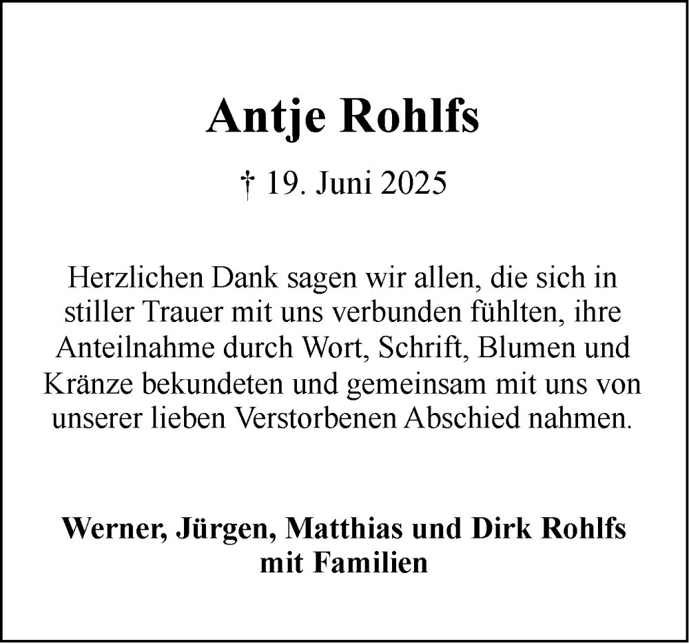  Traueranzeige für Antje Rohlfs vom 23.08.2025 aus Elmshorner Nachrichten, Barmstedter Zeitung