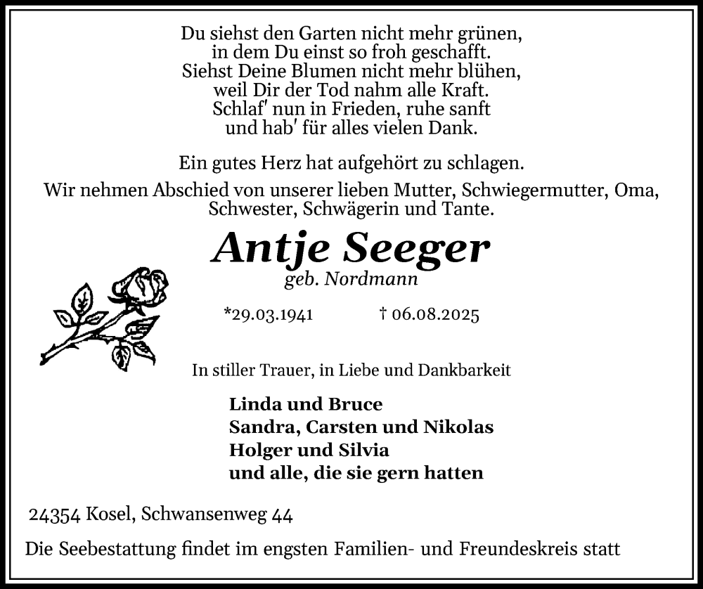  Traueranzeige für Antje Seeger vom 16.08.2025 aus Eckernförder Zeitung