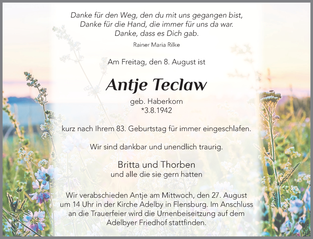  Traueranzeige für Antje Teclaw vom 16.08.2025 aus Flensburger Tageblatt, Schleswiger Nachrichten, Schlei-Bote