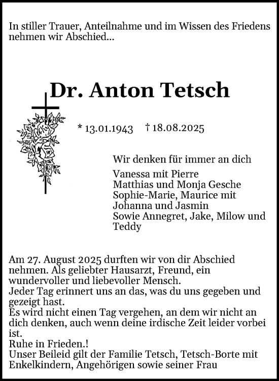 Traueranzeige von Anton Tetsch von Digitale Anzeige