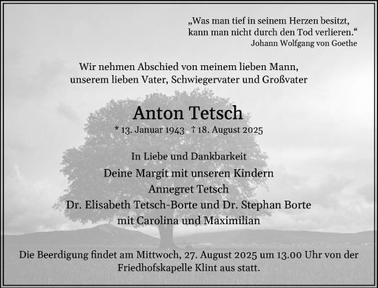 Traueranzeige von Anton Tetsch von Schleswig-Holsteinische Landeszeitung