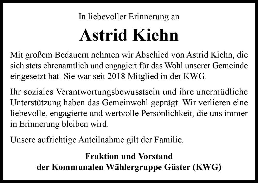  Traueranzeige für Astrid Kiehn vom 02.08.2025 aus Wochenend Anzeiger
