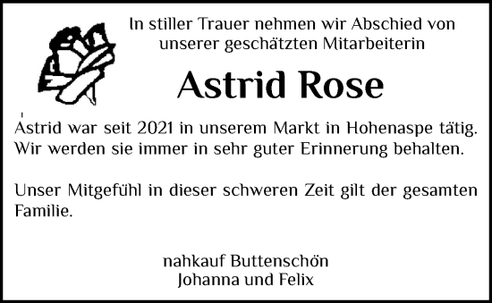 Traueranzeige von Astrid Rose von Norddeutsche Rundschau, Wilstersche Zeitung, Glückstädter Fortuna