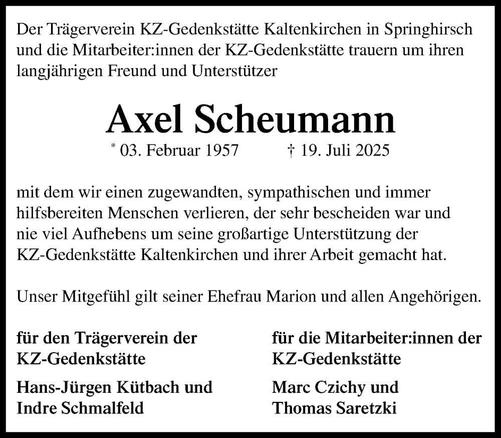  Traueranzeige für Axel Scheumann vom 09.08.2025 aus Umschau