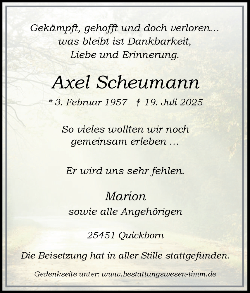  Traueranzeige für Axel Scheumann vom 02.08.2025 aus Region Pinneberg und tip Pinneberg