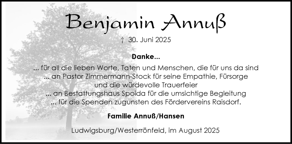  Traueranzeige für Benjamin Annuß vom 16.08.2025 aus Schleswig-Holsteinische Landeszeitung