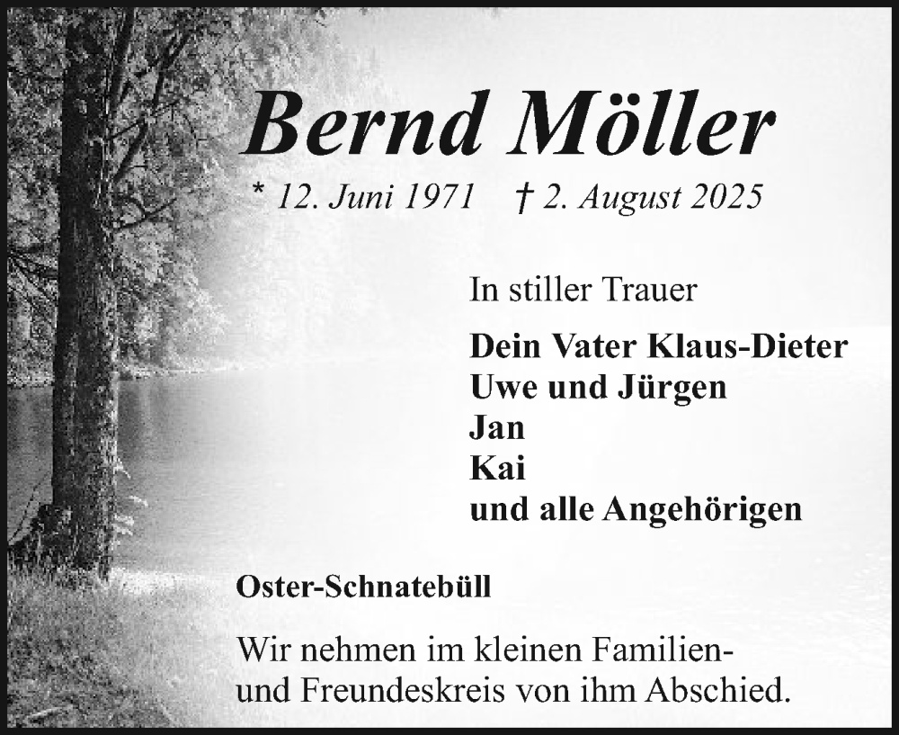  Traueranzeige für Bernd Möller vom 09.08.2025 aus Husumer Nachrichten, Nordfriesland Tageblatt