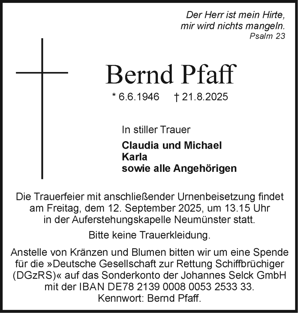  Traueranzeige für Bernd Pfaff vom 30.08.2025 aus Holsteinischer Courier