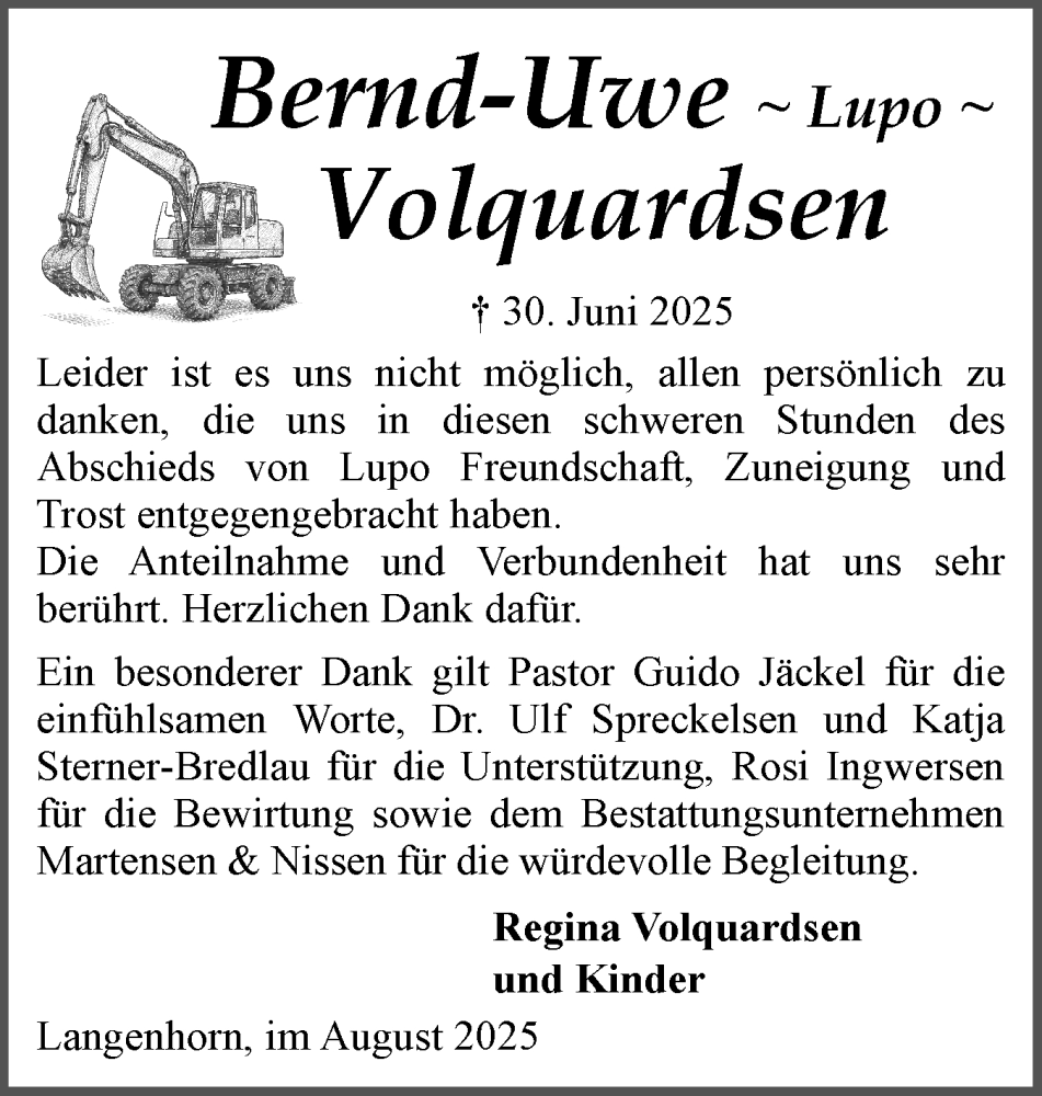  Traueranzeige für Bernd-Uwe Volquardsen vom 16.08.2025 aus Husumer Nachrichten, Nordfriesland Tageblatt