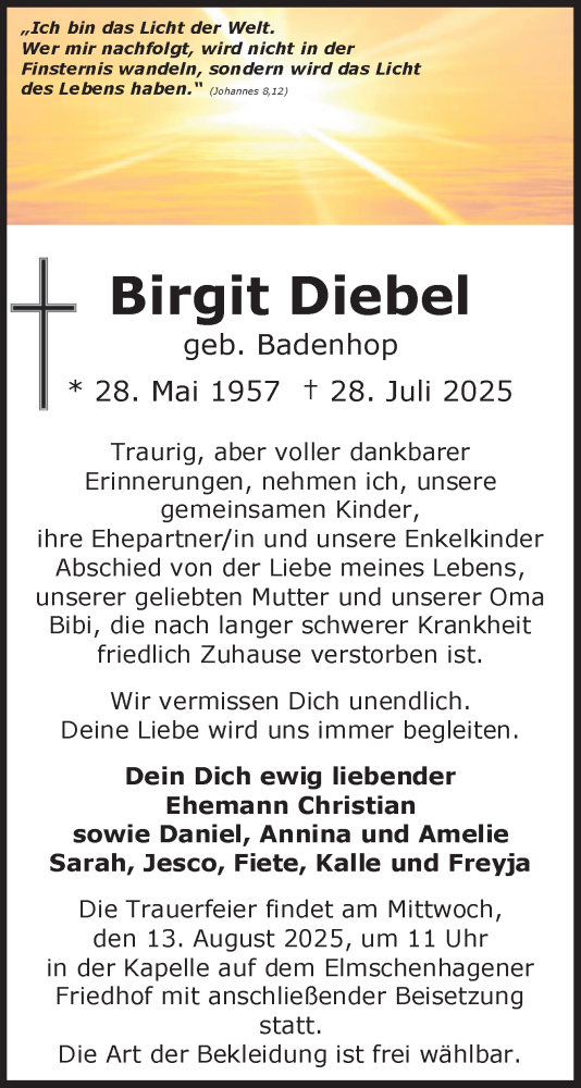  Traueranzeige für Birgit Diebel vom 09.08.2025 aus Schleswig-Holsteinische Landeszeitung