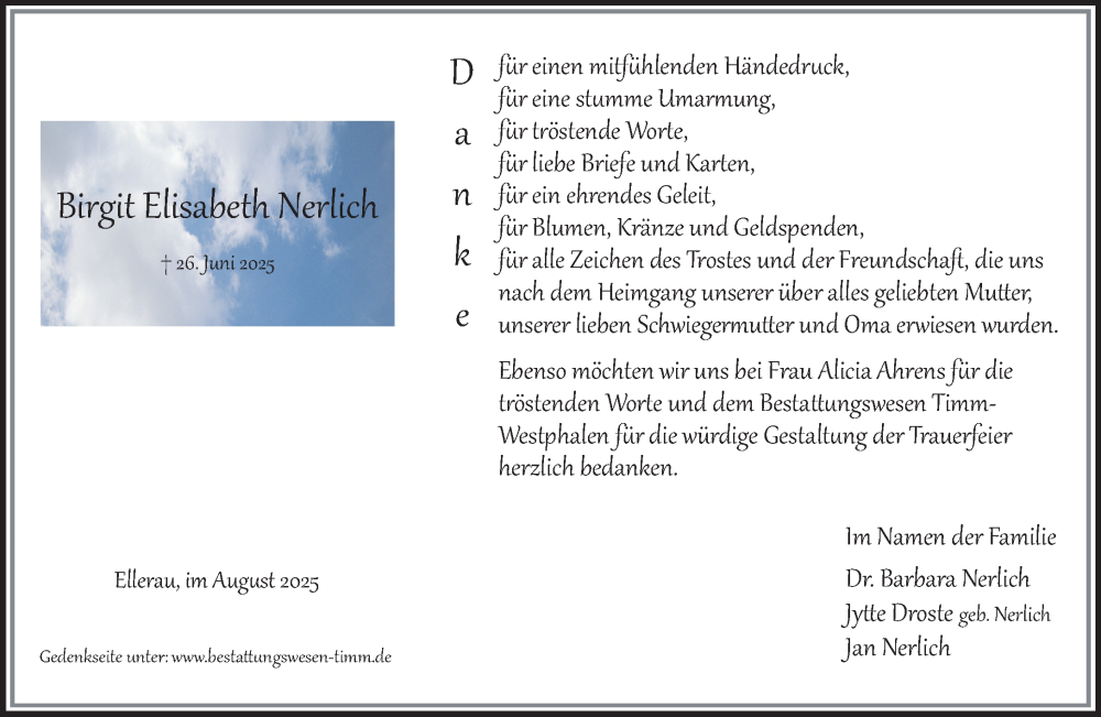  Traueranzeige für Birgit Elisabeth Nerlich vom 09.08.2025 aus Umschau