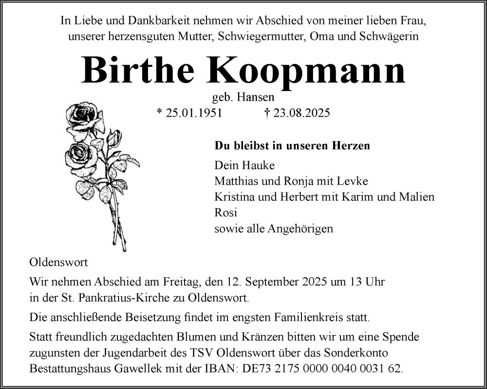  Traueranzeige für Birthe Koopmann vom 29.08.2025 aus Husumer Nachrichten, Nordfriesland Tageblatt