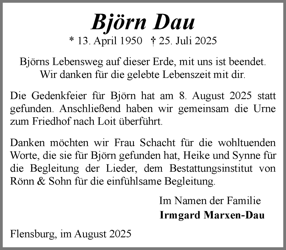  Traueranzeige für Björn Dau vom 23.08.2025 aus Flensburger Tageblatt, Schleswiger Nachrichten, Schlei-Bote