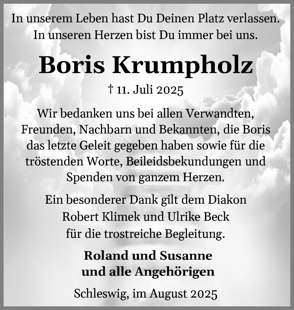  Traueranzeige für Boris Krumpholz vom 16.08.2025 aus Schleswiger Nachrichten, Schlei-Bote