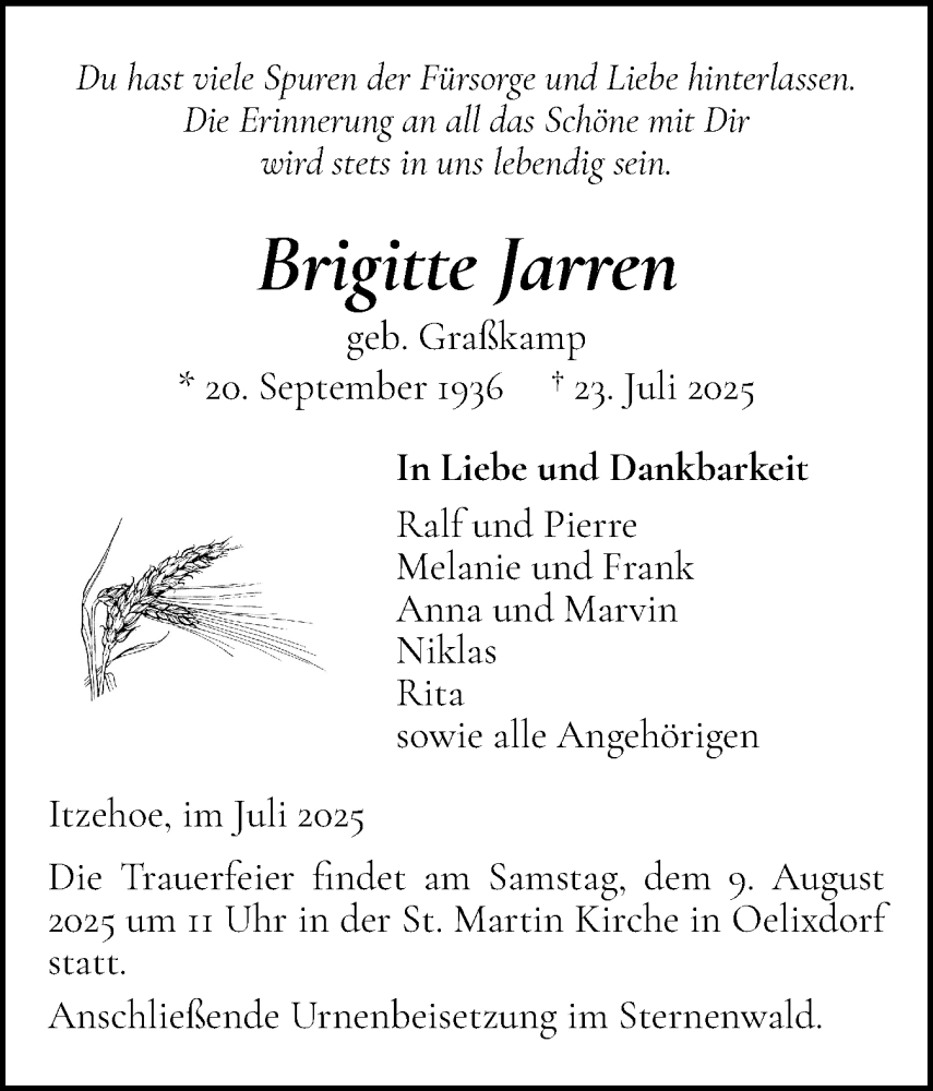  Traueranzeige für Brigitte Jarren vom 02.08.2025 aus Norddeutsche Rundschau, Wilstersche Zeitung, Glückstädter Fortuna