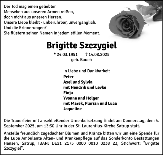 Traueranzeige von Brigitte Szczygiel von Flensburger Tageblatt