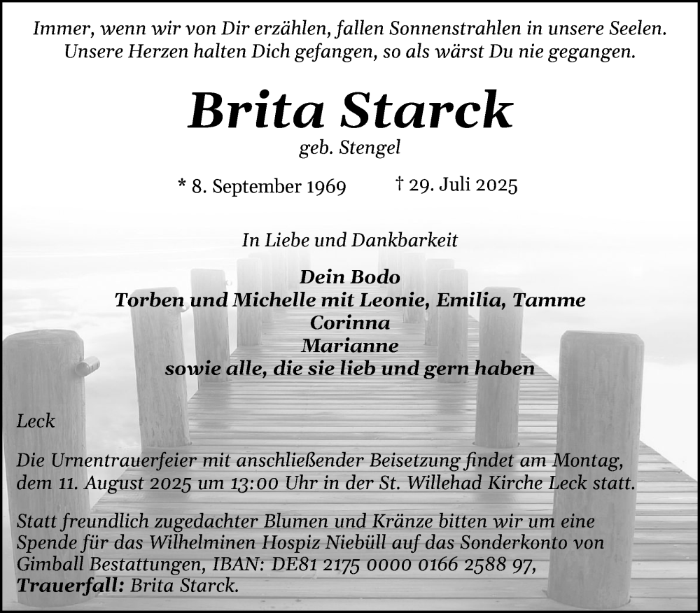  Traueranzeige für Brita Starck vom 06.08.2025 aus Husumer Nachrichten, Nordfriesland Tageblatt