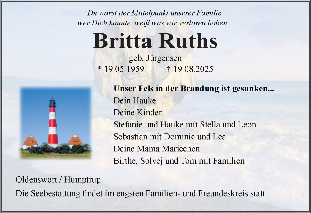  Traueranzeige für Britta Ruths vom 28.08.2025 aus Husumer Nachrichten, Nordfriesland Tageblatt