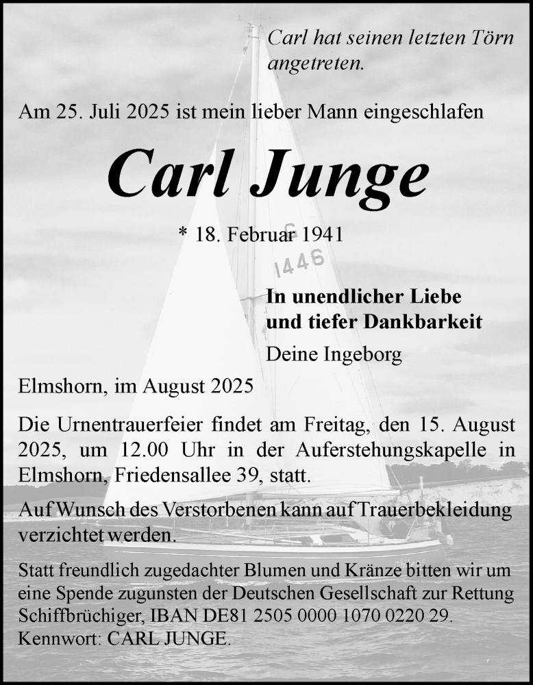  Traueranzeige für Carl Junge vom 09.08.2025 aus Elmshorner Nachrichten, Barmstedter Zeitung
