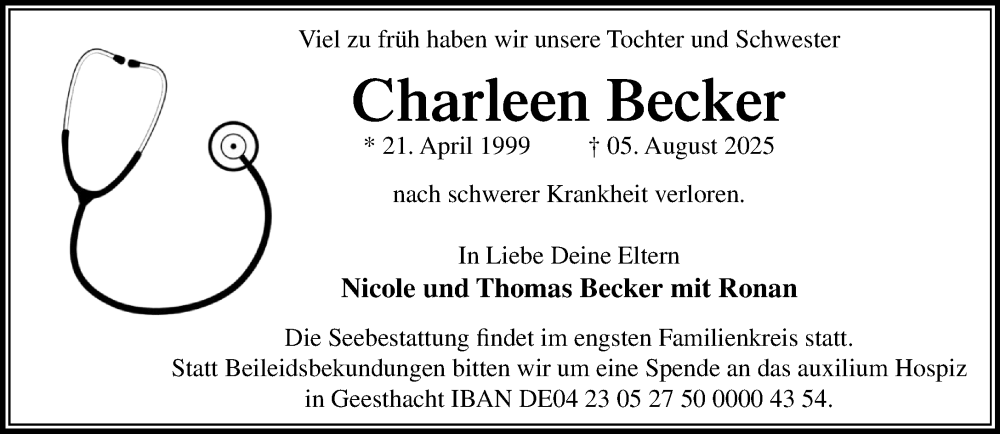  Traueranzeige für Charleen Becker vom 16.08.2025 aus Wochenend Anzeiger