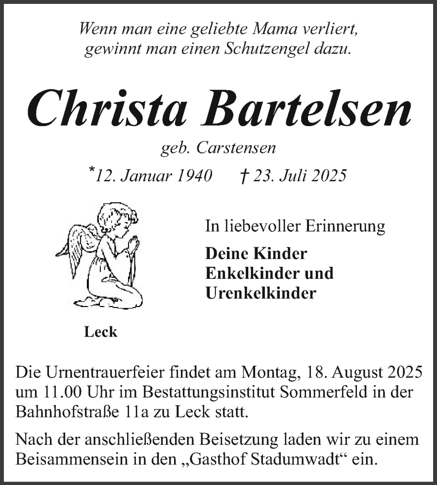  Traueranzeige für Christa Bartelsen vom 09.08.2025 aus Husumer Nachrichten, Nordfriesland Tageblatt
