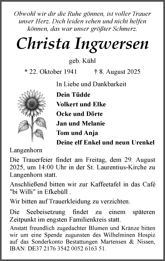  Traueranzeige für Christa Ingwersen vom 16.08.2025 aus Husumer Nachrichten, Nordfriesland Tageblatt