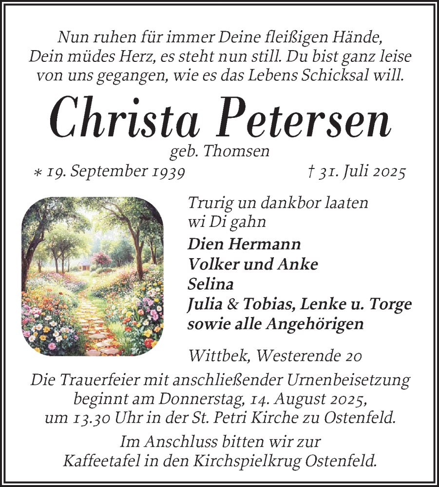  Traueranzeige für Christa Petersen vom 08.08.2025 aus Husumer Nachrichten, Nordfriesland Tageblatt