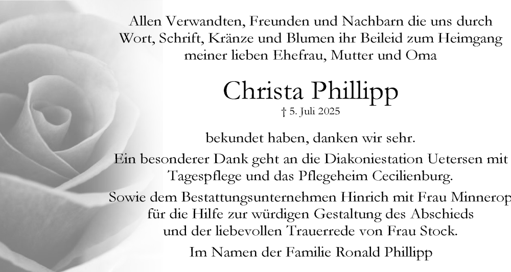  Traueranzeige für Christa Phillipp vom 09.08.2025 aus Uetersener Nachrichten, Der tip am Wochenende