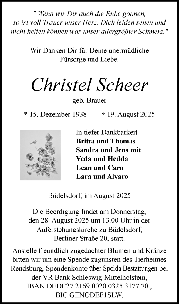  Traueranzeige für Christel Scheer vom 23.08.2025 aus Schleswig-Holsteinische Landeszeitung