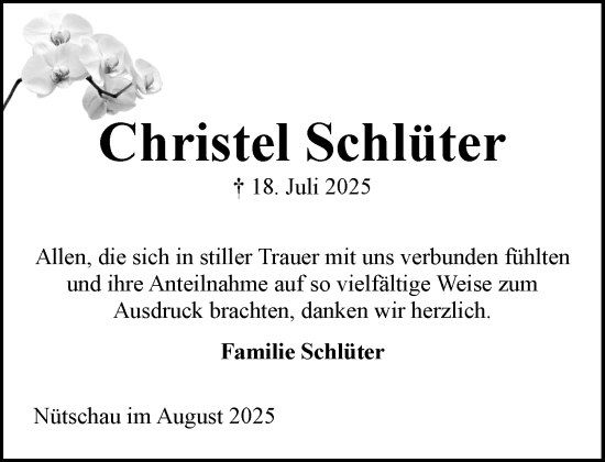 Traueranzeige von Christel Schlüter von MARKT Bad Oldesloe/Reinfeld und Stormarner Tageblatt