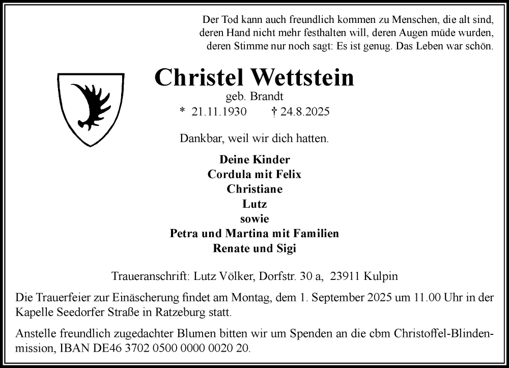 Traueranzeige für Christel Wettstein vom 30.08.2025 aus MARKT Ratzeburg/Mölln