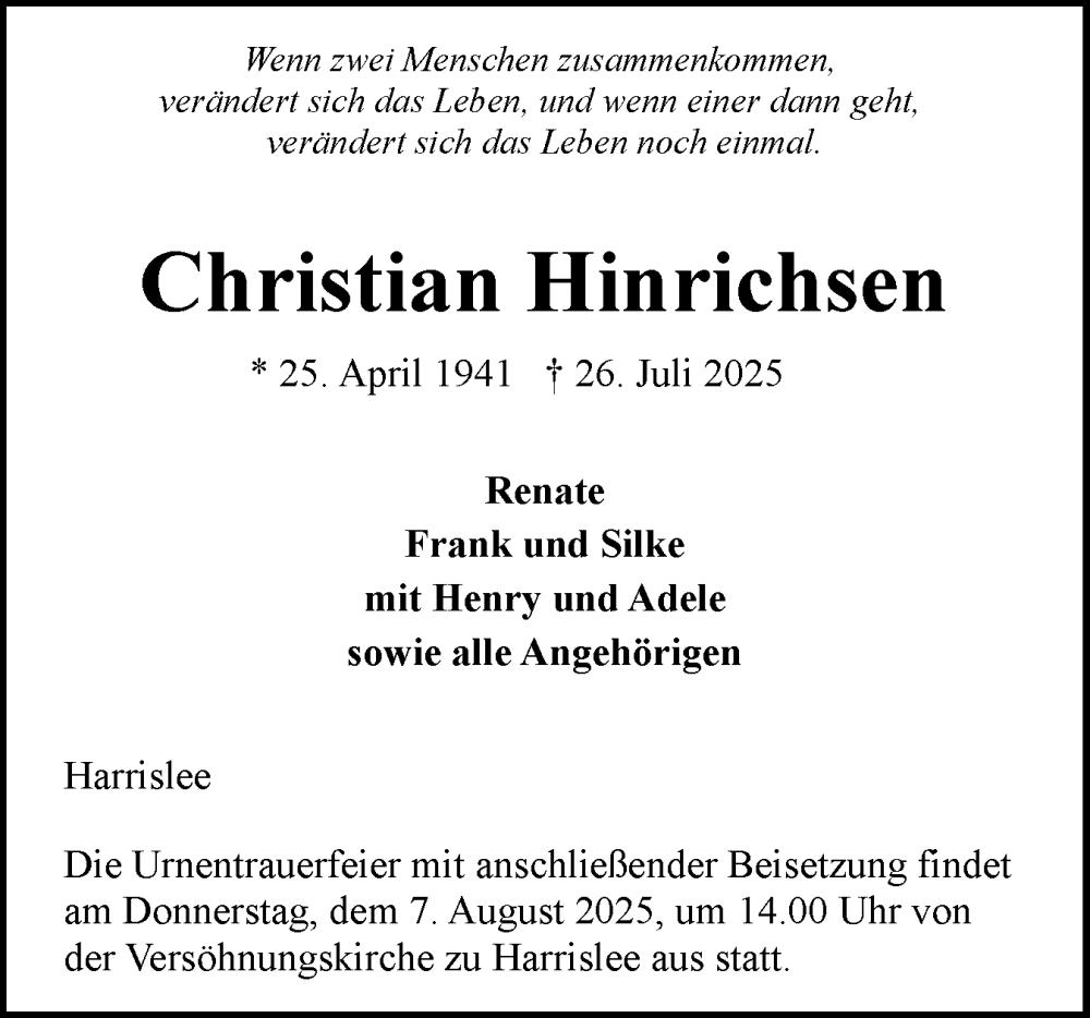  Traueranzeige für Christian Hinrichsen vom 02.08.2025 aus Flensburger Tageblatt
