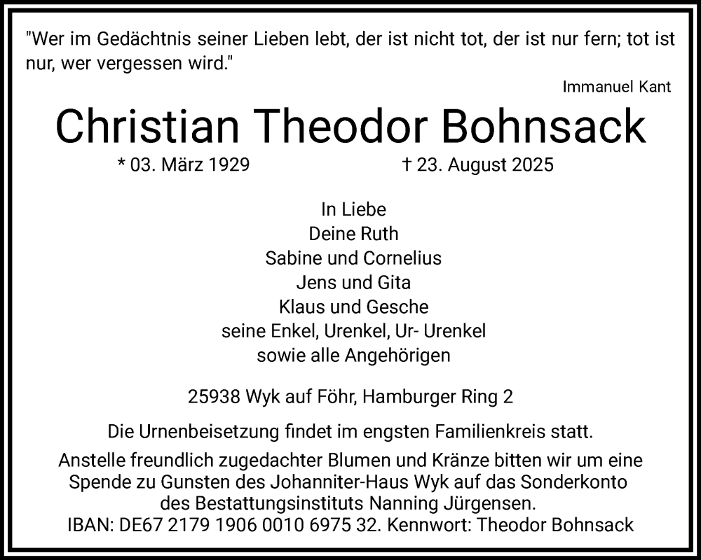  Traueranzeige für Christian Theodor Bohnsack vom 29.08.2025 aus Der Insel-Bote
