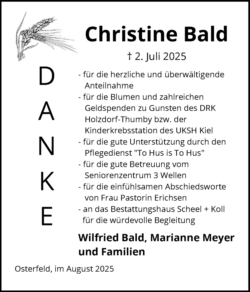  Traueranzeige für Christine Bald vom 16.08.2025 aus Eckernförder Zeitung, Hallo Eckernförde