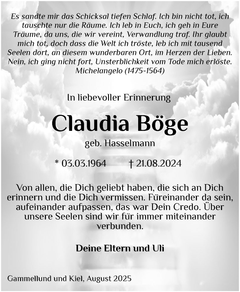  Traueranzeige für Claudia Böge vom 23.08.2025 aus Schleswiger Nachrichten, Schlei-Bote