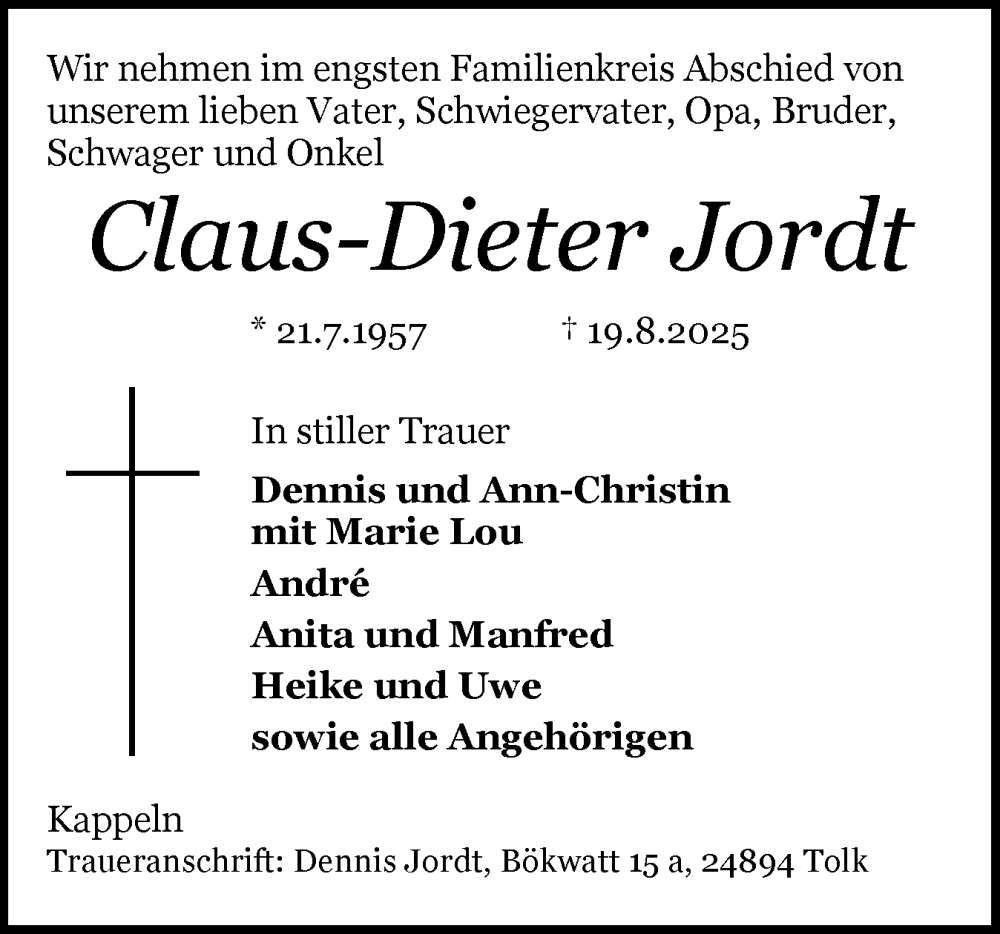  Traueranzeige für Claus-Dieter Jordt vom 23.08.2025 aus Schleswiger Nachrichten, Schlei-Bote