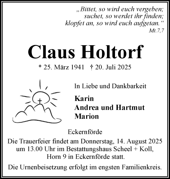 Traueranzeige von Claus Holtorf von Eckernförder Zeitung, Hallo Eckernförde