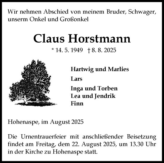 Traueranzeige von Claus Horstmann von Norddeutsche Rundschau, Wilstersche Zeitung, Glückstädter Fortuna