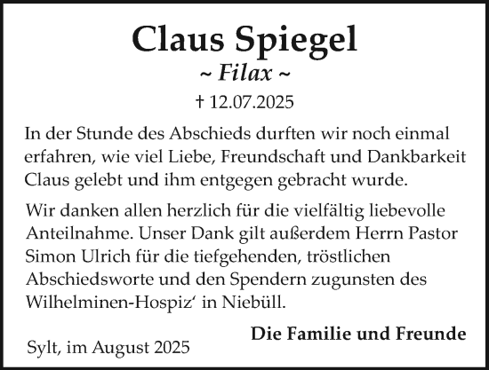 Traueranzeige von Claus Spiegel von Sylter Rundschau
