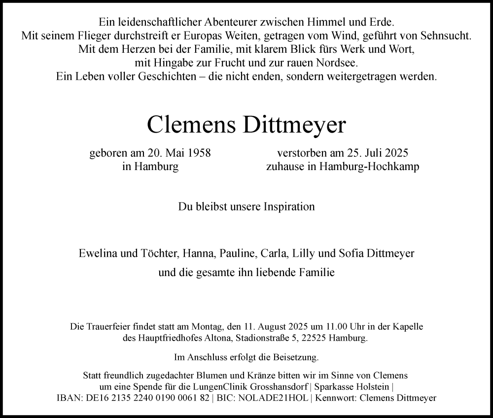 Traueranzeige für Clemens Dittmeyer vom 02.08.2025 aus Sylter Rundschau