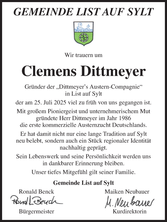 Traueranzeige von Clemens Dittmeyer von Sylter Rundschau