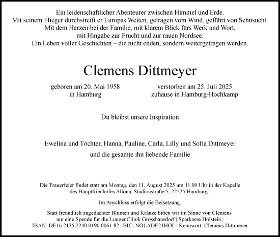 Traueranzeige von Clemens Dittmeyer von Sylter Rundschau