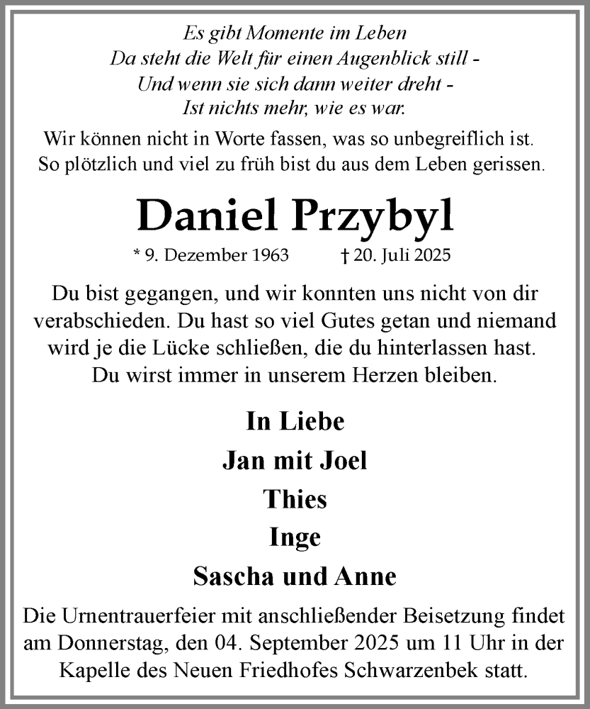  Traueranzeige für Daniel Przybyl vom 30.08.2025 aus MARKT Ratzeburg/Mölln